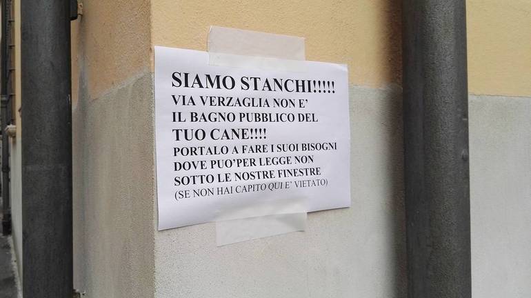 I cittadini di via Verzaglia non ne possono più dei cani e affiggono un cartello molto chiaro: "Siamo stanchi"