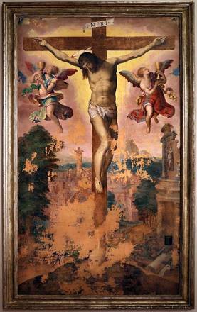 "Crocifisso con due angeli" di Livio Agresti alla Pinacoteca di Forlì (Wikimedia Commons)