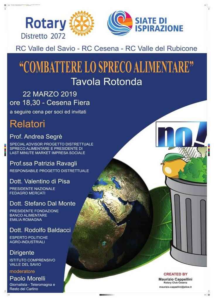 La locandina che pubblicizza l'evento di venerdì sera, da una creazione di Maurizio Cappellini del Rotary club di Cesena
