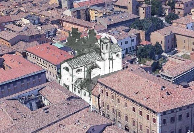 L'ubicazione della vecchia chiesa di San Giuseppe, dove ora c'è la galleria Einaudi accanto alla Bper - Disegno di Antonio Dalmuto