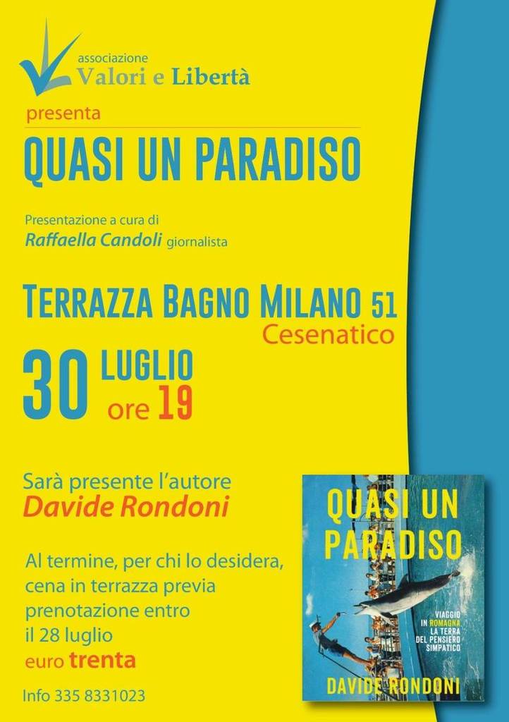 Il poeta Davide Rondoni sarà ospite giovedì al bagno Milano. "Quasi un paradiso"