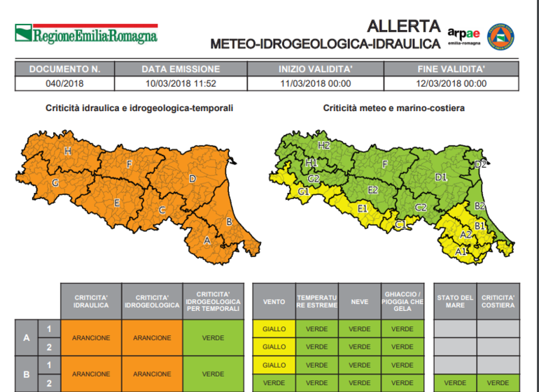 La schermata dell'allerta emessa dal Servizio meteo della Protezione civile dell'Emilia Romagna