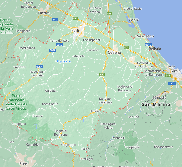 nell'immagine, tratta da Google Maps,  i confini della Provincia di Forlì-Cesena