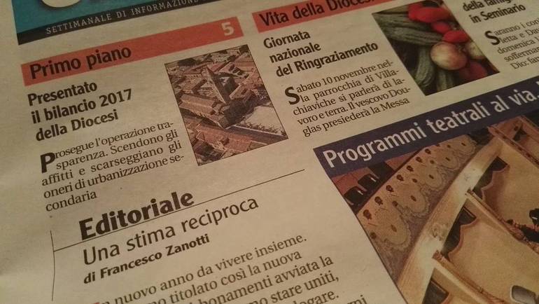 La prima pagina del Corriere Cesenate in edicola da domani con il richiamo al bilancio della Diocesi pubblicato all'interno