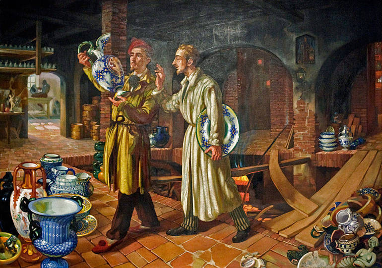 Giannetto Malmerendi. Mario Morigi e Malmerendi nella fabbrica di ceramiche. 1933