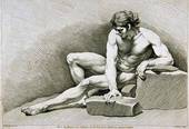 Foto: grafica artistica di Jean Aubert, Figura maschile nuda semidistesa, incisione, acquaforte (XVII secolo)