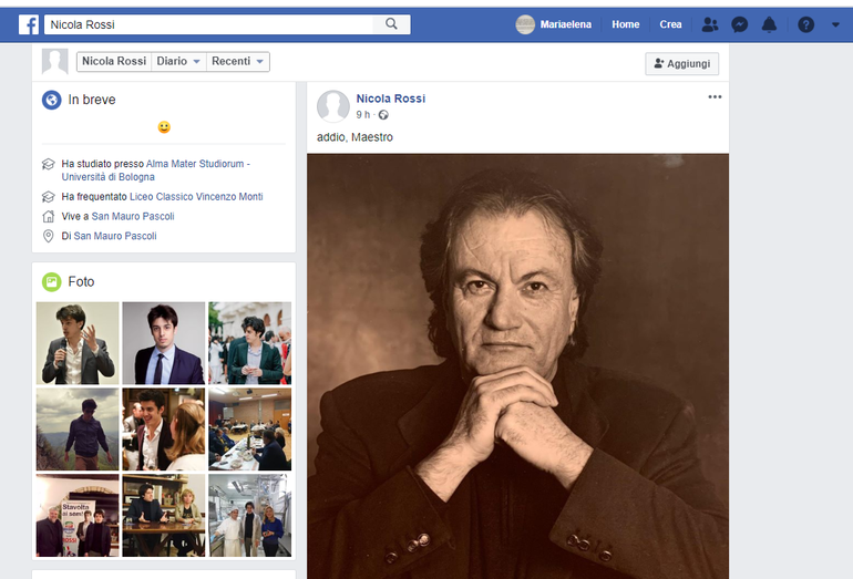 Nella foto, il tributo postato su facebook con il quale Nicola Rossi saluta il nonno Sergio 