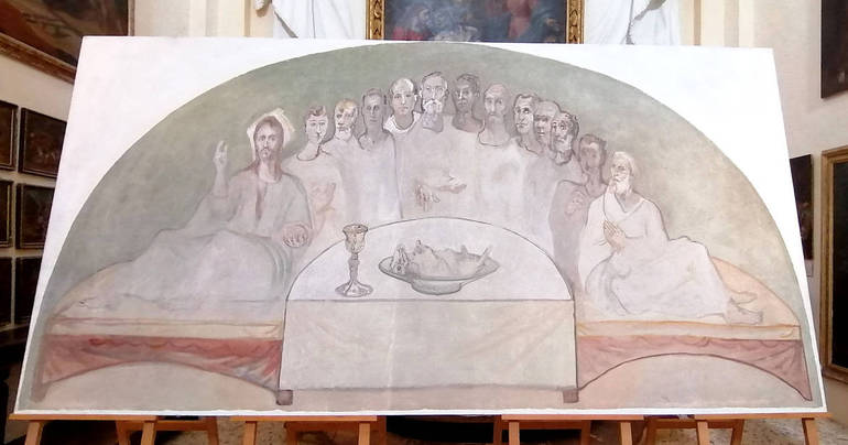 Nella foto  l’ultima opera ritrovata di Fioravanti, “Il Cenacolo”, in esposizione al Museo d’Arte sacra di Longiano fino al 1° dicembre 2019.