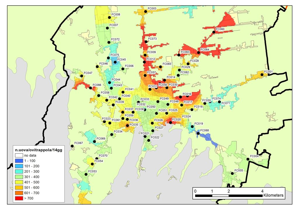 Nella mappa viene evidenziato in colore rosso l'area a maggiore densità della specie ad agosto 2025