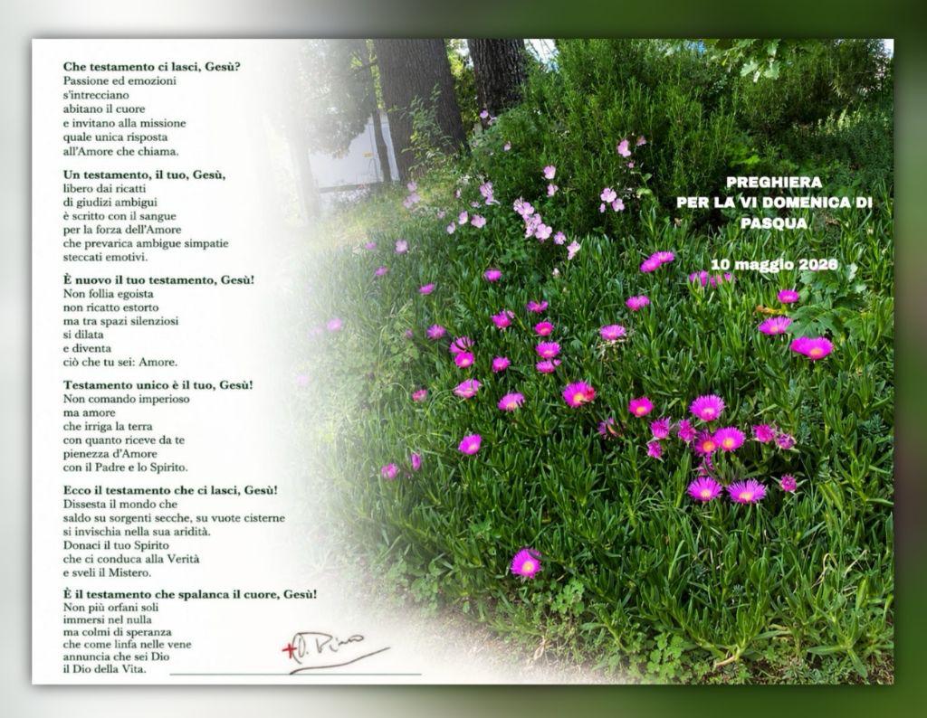 Nell'immagine la preghiera che il vescovo di Cesena-Sarsina, l'arcivescovo Antonio Giuseppe Caiazzo, ha scritto per la VI domenica del tempo di Pasqua