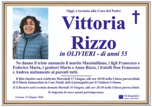 Il manifesto funebre per Vittoria Rizzo, deceduta ieri, 15 giugno. Aveva 55 anni