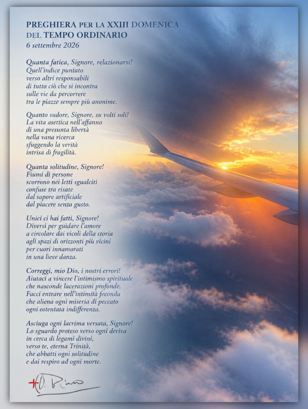 Nell'immagine la preghiera che il vescovo di Cesena-Sarsina, l'arcivescovo Antonio Giuseppe Caiazzo, ha scritto per la XXIII domenica del Tempo ordinario, anno A